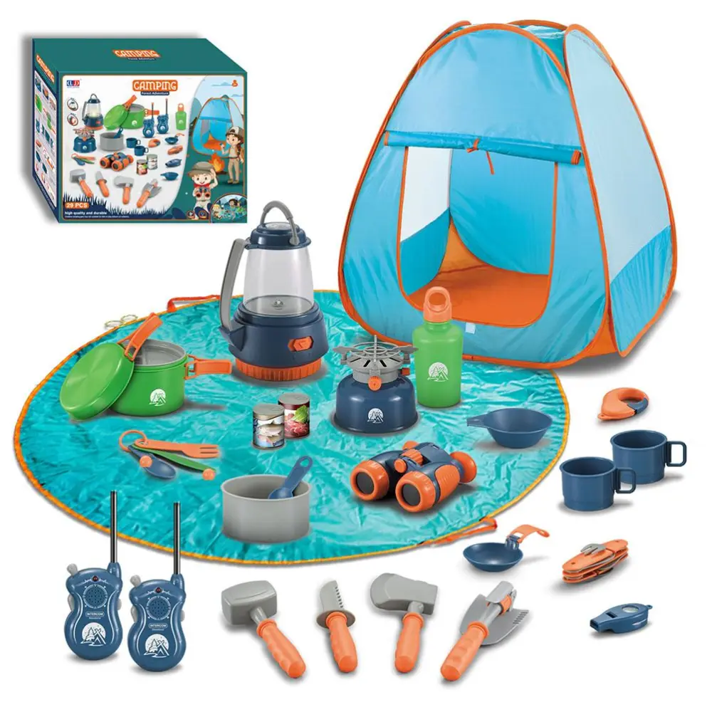 29Pcs Kids Camping Set Play Tent with Receiver Campfire Picnic Tableware Cooking Set Indoor Outdoor Pretend Play Set for Boys Girls