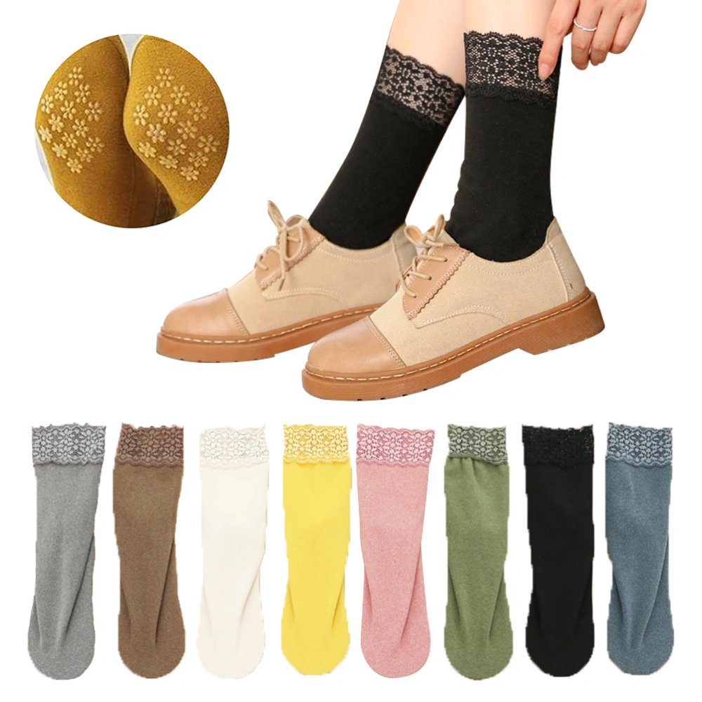 BuyWeek 8 Pairs Women's Lace Frilly Socks Autumn Winter Fleece Thick Floor Socks Non Slip Silicone Crew Socks Warm Boot Socks for Ladies