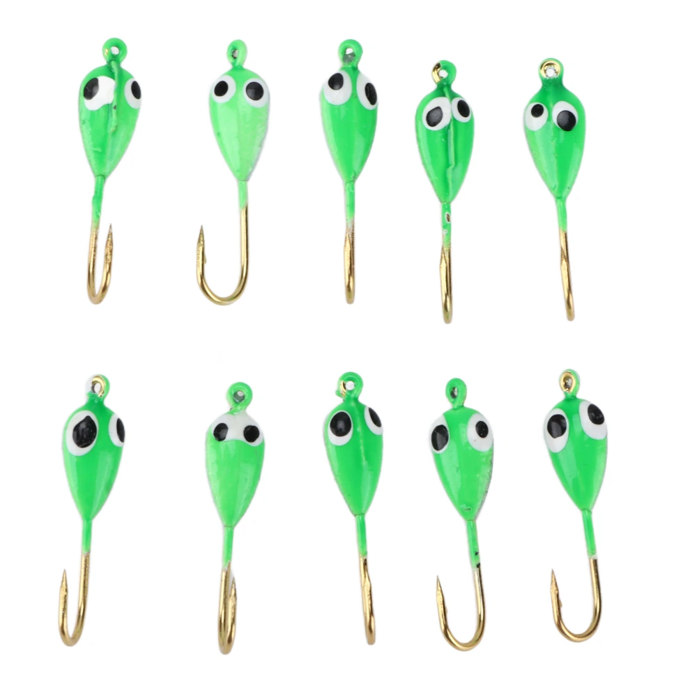 10Pcs Ice Fishing Jigs Barbed Winter Jigging Lures Mini Hook Accessories Green Tadpole Shape