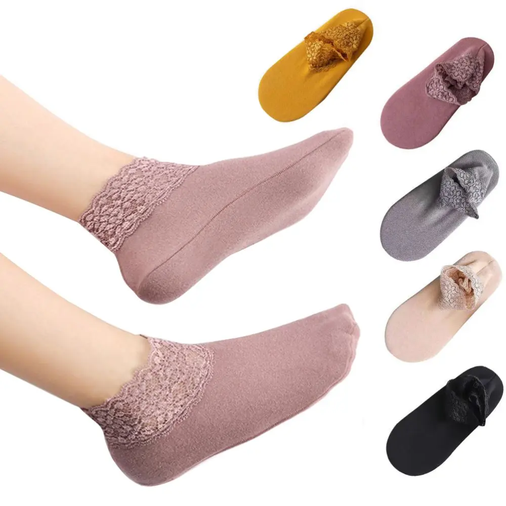 5 Pairs Women s Ankle Socks Winter Lace Frilly Non Slip Crew Socks Low Cut Warm Ankle Boot Socks for Ladies