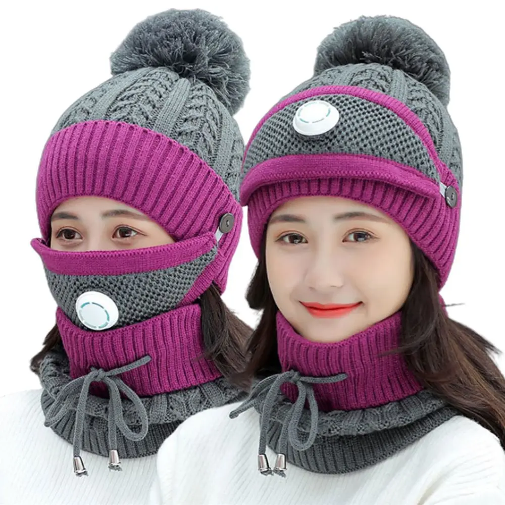 BuyWeek 3 in 1 Winter Knitted Beanie Hat Face Cover Scarf Set with Breathable Value Windproof Warm Fleece Lining with Pompom for Women Girls Cycling Skiing