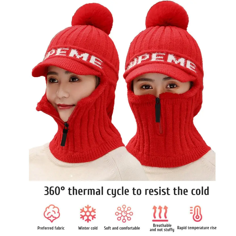 BuyWeek Winter Knitted Hat Scarf Set Beanie Zip Scarf Earflap Fleece Lined Ski with Pompom Windproof Thermal Hat Neck Warmer for Women Men Skiing Cycling