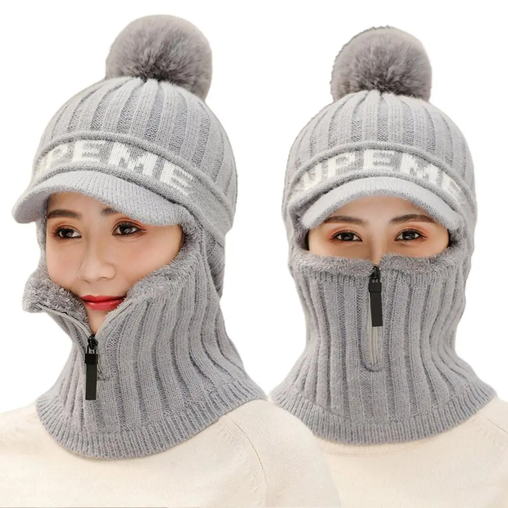 BuyWeek Winter Knitted Hat Scarf Set Beanie Zip Scarf Earflap Fleece Lined Ski with Pompom Windproof Thermal Hat Neck Warmer for Women Men Skiing Cycling