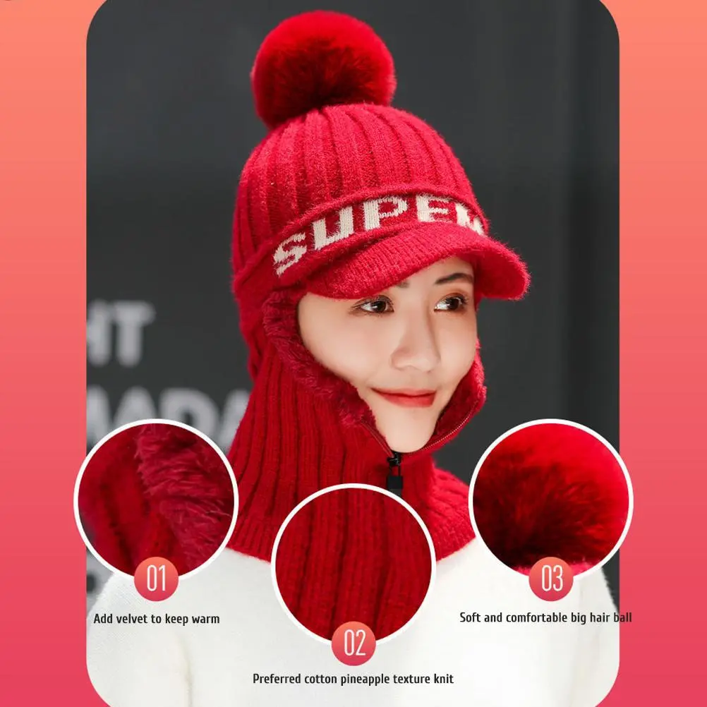 BuyWeek Winter Knitted Hat Scarf Set Beanie Zip Scarf Earflap Fleece Lined Ski with Pompom Windproof Thermal Hat Neck Warmer for Women Men Skiing Cycling
