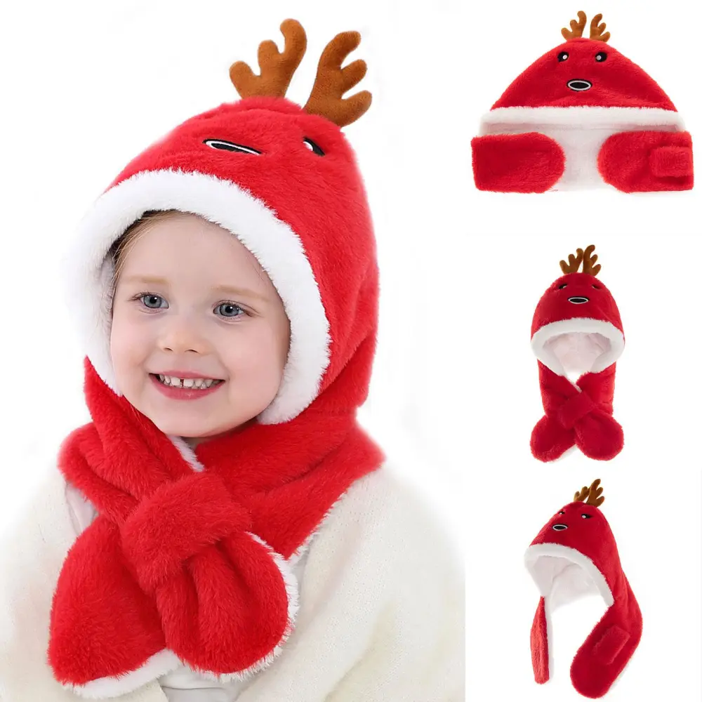 Christmas Antlers Kids Winter Hat Scarf Set Earflap Hood Scarves Warm Fleece Lining Beanie Hat for Boys Girls Gifts