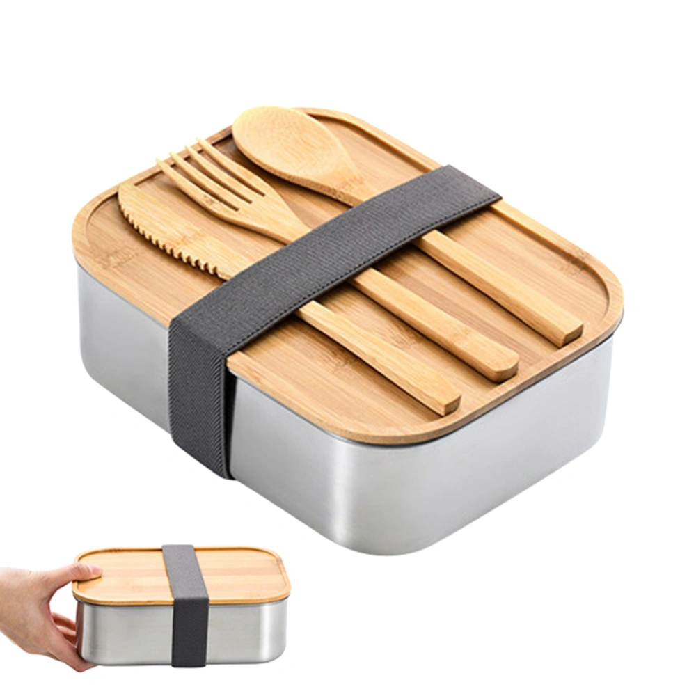 Stainless Steel Bento Lunch Box Metal Containers Wood Lid with 3Pcs Cutlery Set Lunch Box for Adults Kids