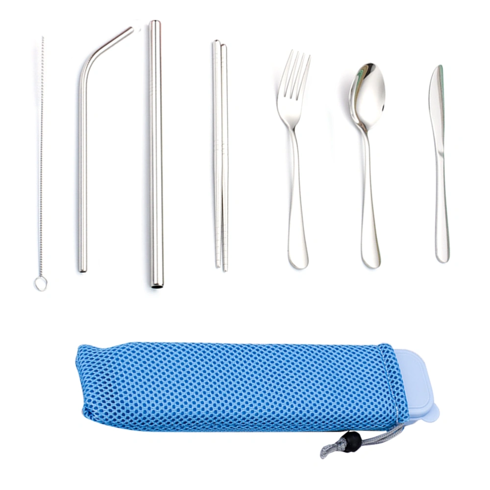 7 Pcs Portable Flatware Set Reusable 304 Stainless Steel Fork Knife Spoon Chopsticks Straw Cleaning Brush Travel Cutlery Set