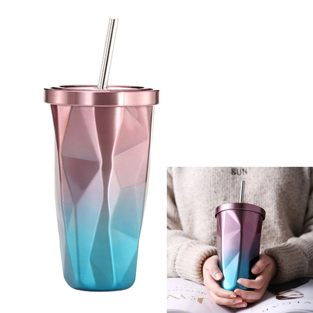 Gradient Stainless Steel Cups With Straws Drinking Tumblers Travel Portable Straws Cups