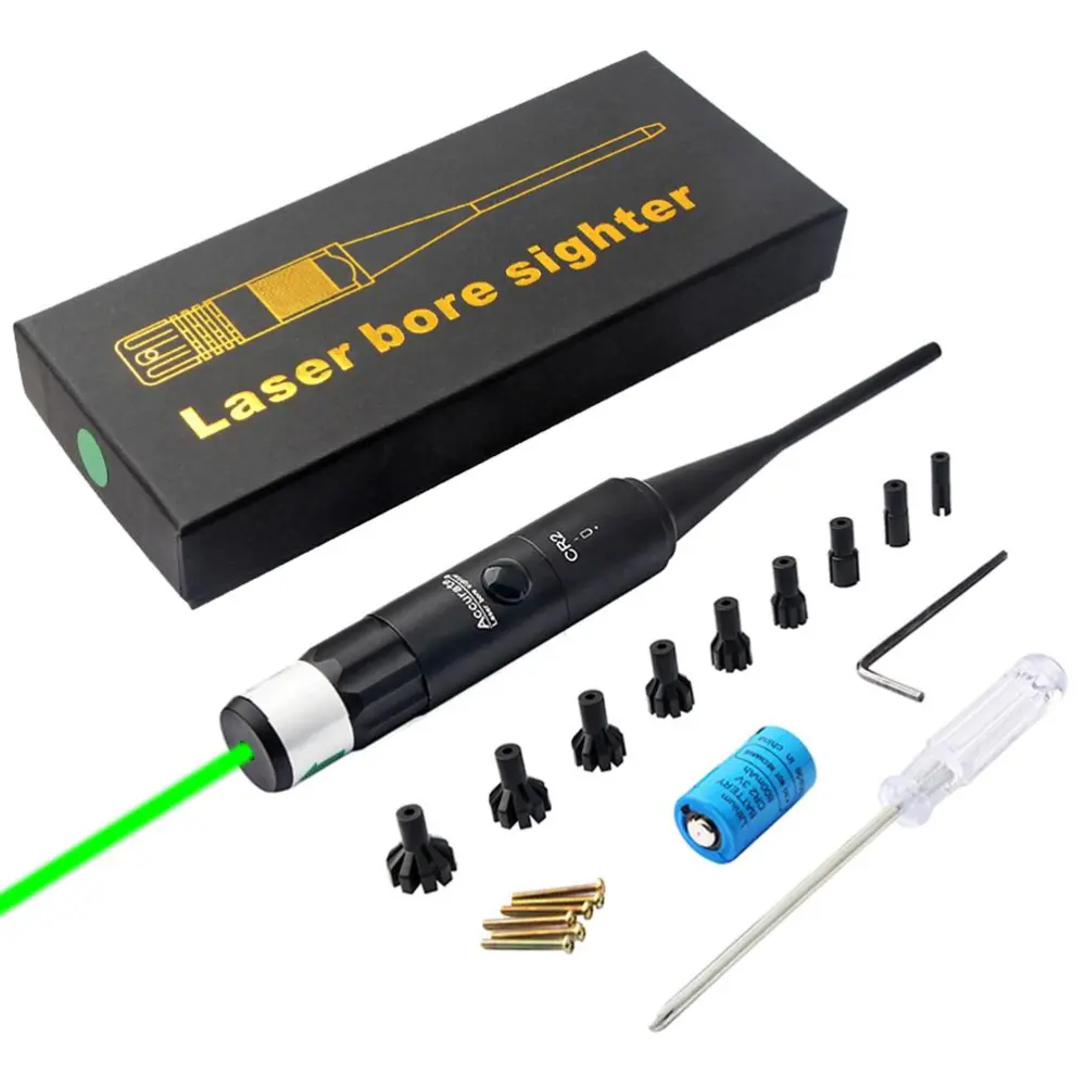 Bore Sight Kit Green Sight BoreSighter with Big Button Switch for 0.177 to 0.50 Caliber with 9 Plastic Hard Joint Adapters