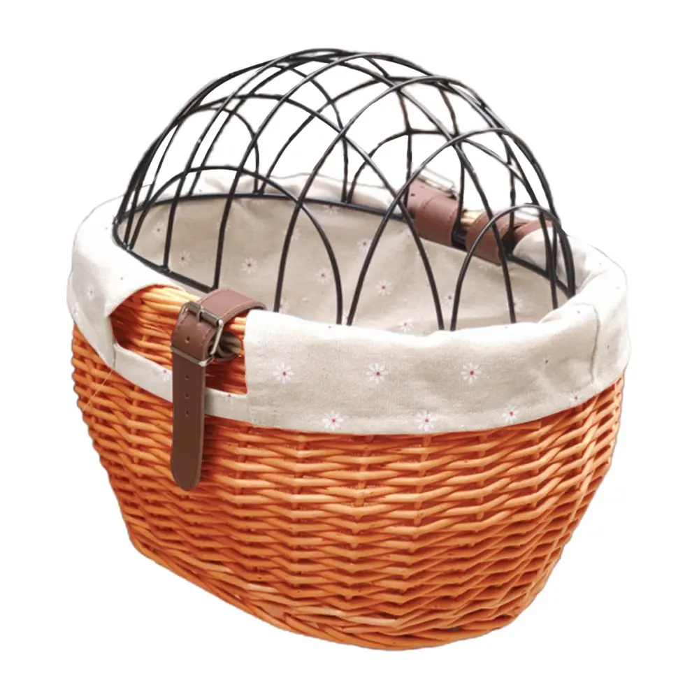 Wicker Bike Basket for Small Dogs Cats Pet Carrier Front Basket with Wire Mesh Cover