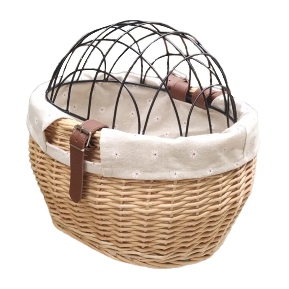 Wicker Bike Basket for Small Dogs Cats Pet Carrier Front Basket with Wire Mesh Cover