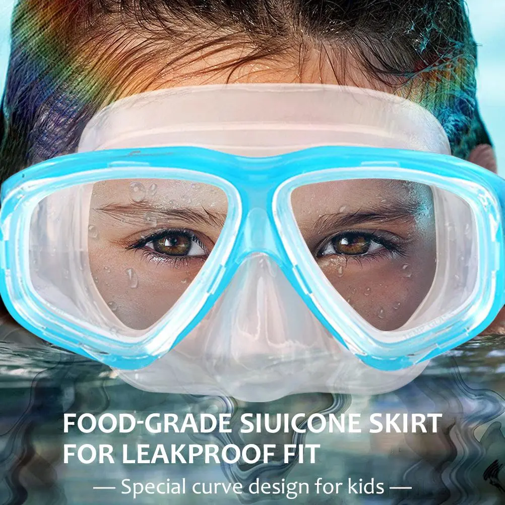 BuyWeek Kids Snorkel Goggles with Tempered Glass Lens 180°Panoramic View Anti Fog Swim Diving Goggles for Youth and Adults