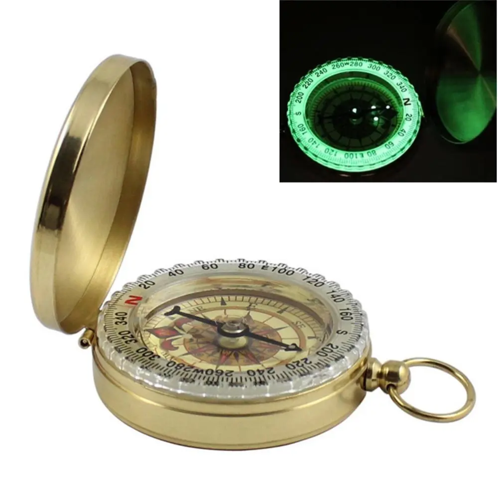 Brass Golden Compass Navigation Waterproof with Night Light Round Golden Navigation Tool for Camping Hiking Climbing