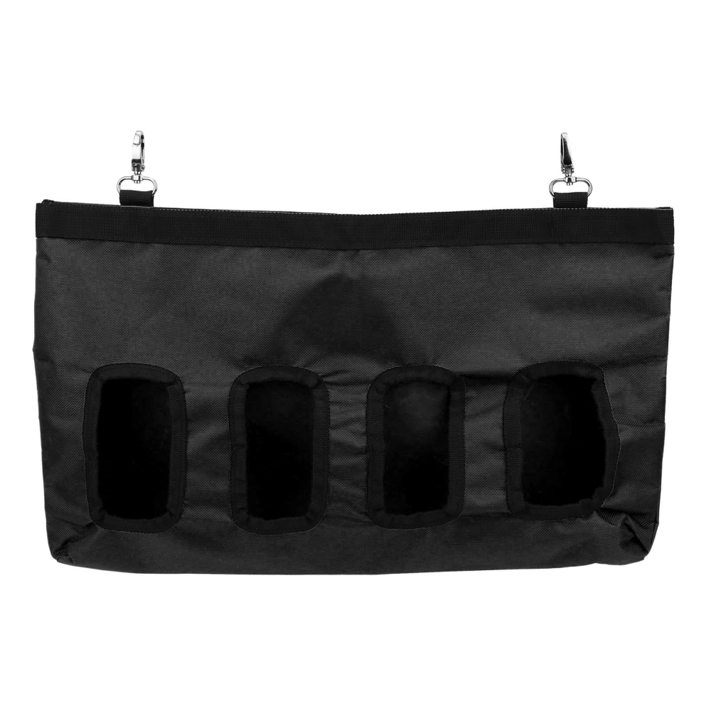 Pet Rabbit Fourhole Oxford Cloth Hay Bag Hanging Pouch Feeder Holder Feeding Container(black )