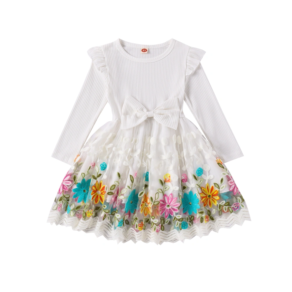 Girls Lace Dress Ribbed Flying Sleeve Knit Flower Embroidery Dress