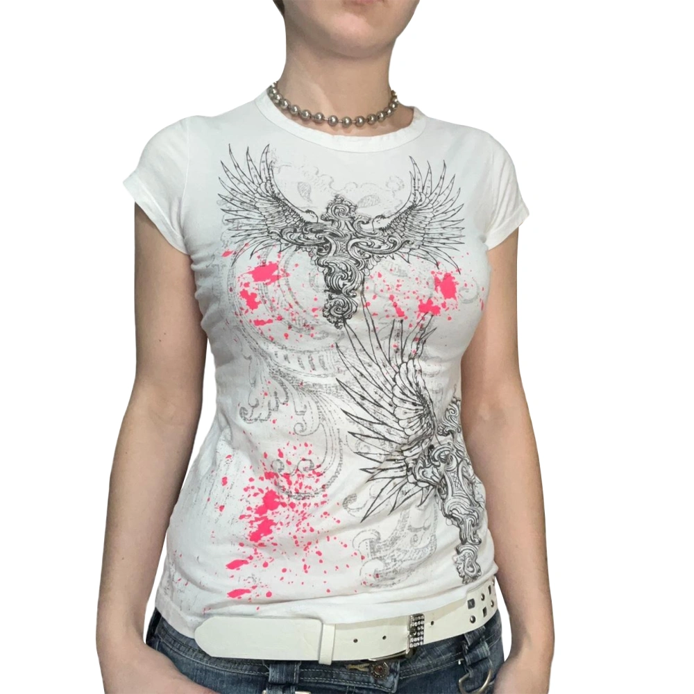 Women Punk Crop Tops Fairy Grunge Wings Print Short Sleeve Tee