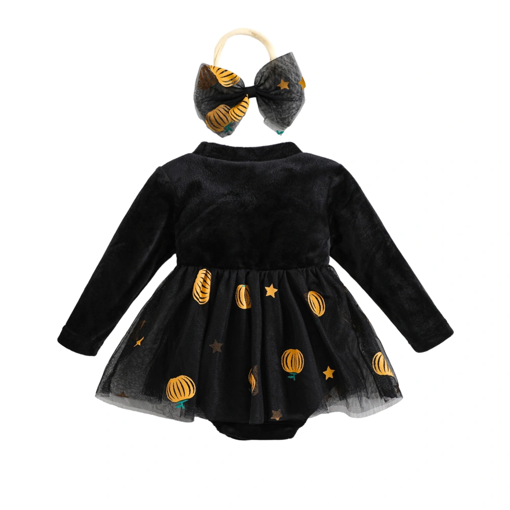 Baby Girl Halloween Outfit, Pumpkin Print Tulle Romper Headband