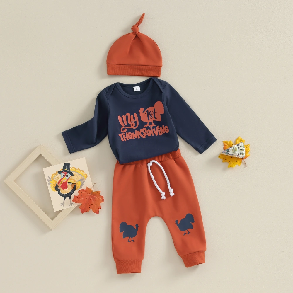 Baby Boy 3Pcs Thanksgiving Outfits Turkey Print Romper + Pants + Hat