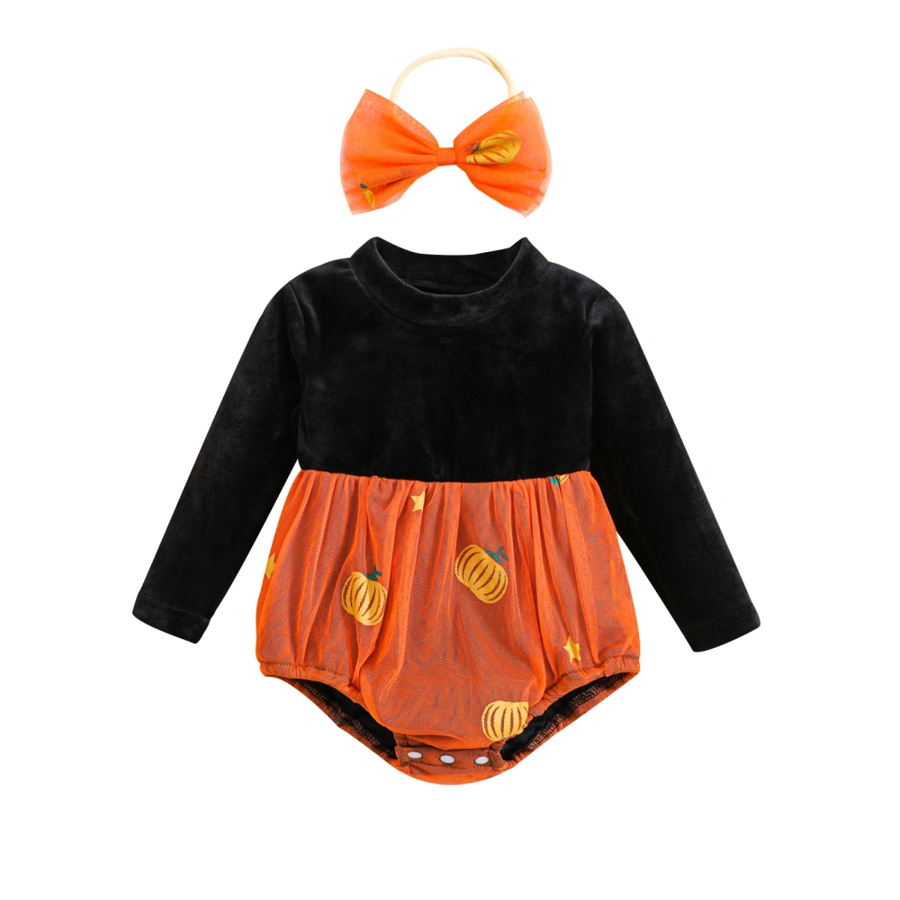 Baby Girls Halloween Outfits Pumpkin Mesh Patchwork Romper + Headband