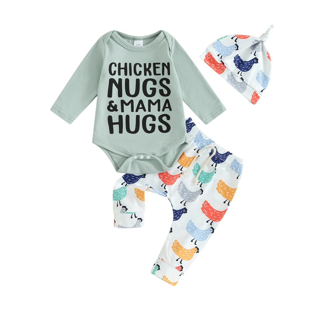 Newborn 3 Piece Pants Set Romper and Chicken Print Pants Hat 