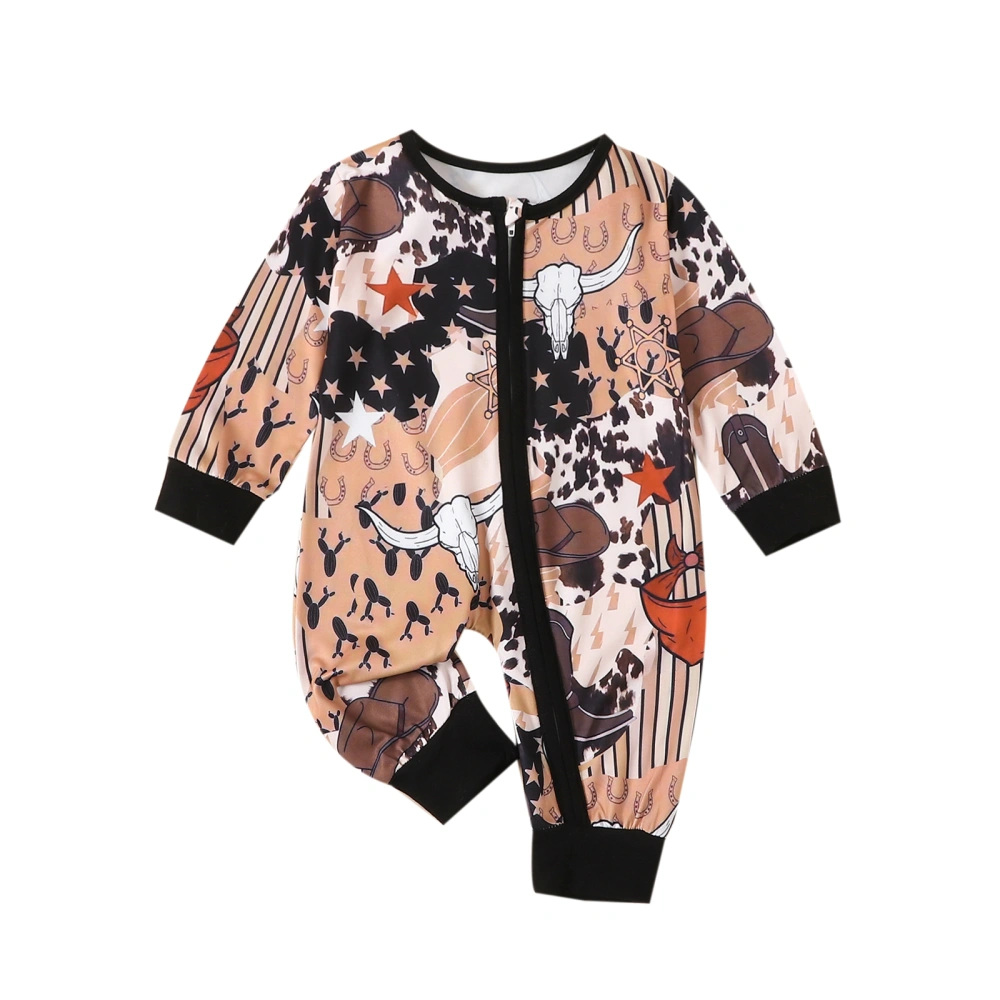 Baby Jumpsuit, Long Sleeve Crew Neck Bull Head Print Fall Romper