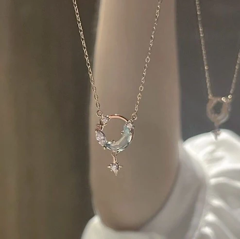 Moon Star Necklace Dainty Crystal Crescent Pendant Necklace for Women