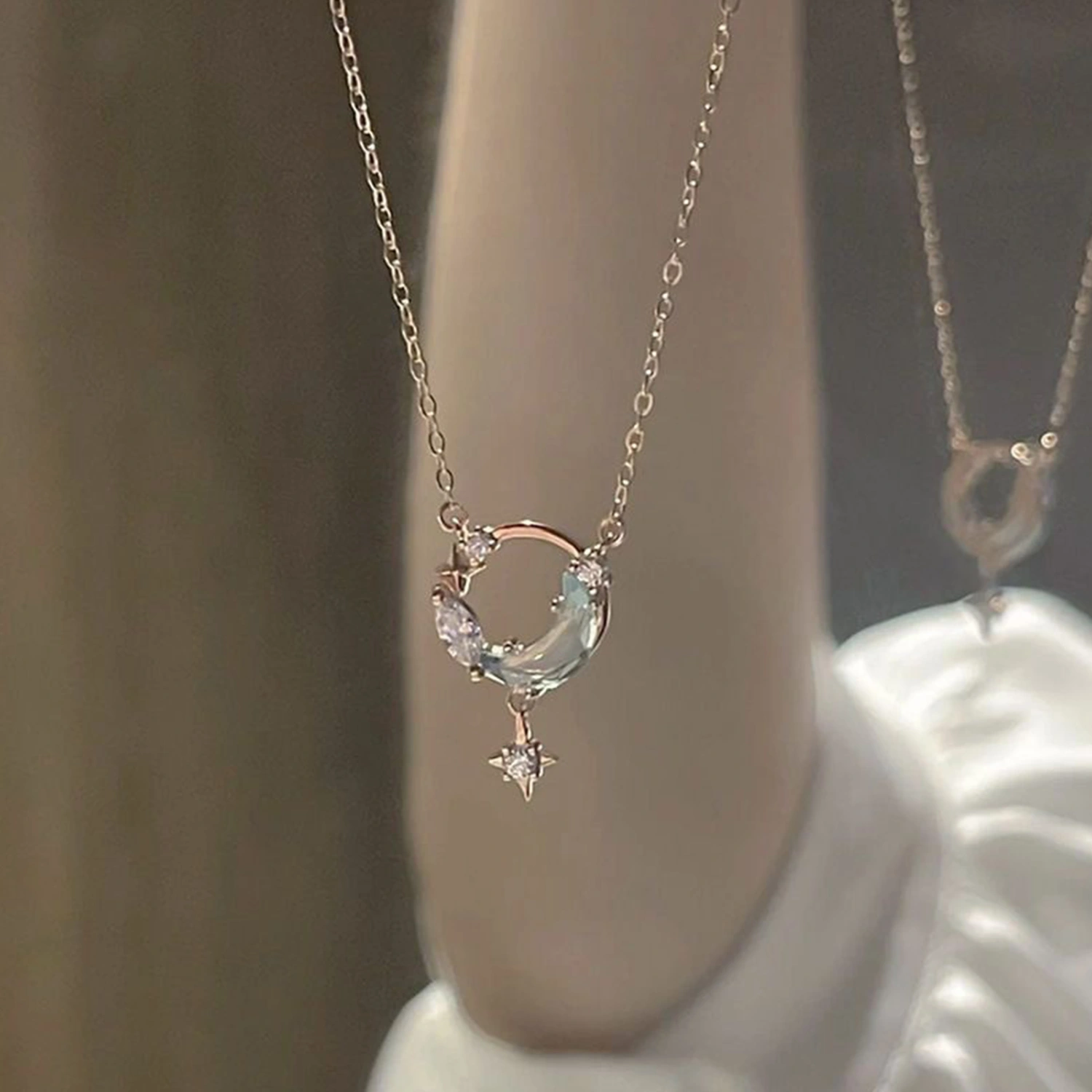 Moon Star Necklace Dainty Crystal Crescent Pendant Necklace for Women