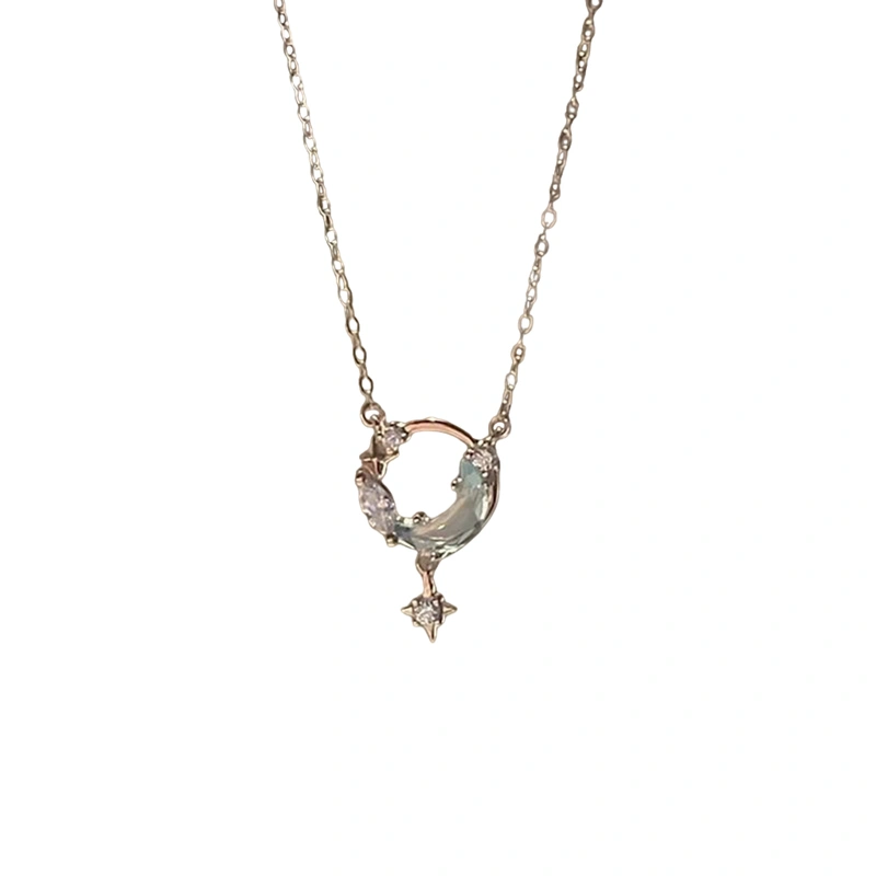 Moon Star Necklace Dainty Crystal Crescent Pendant Necklace for Women