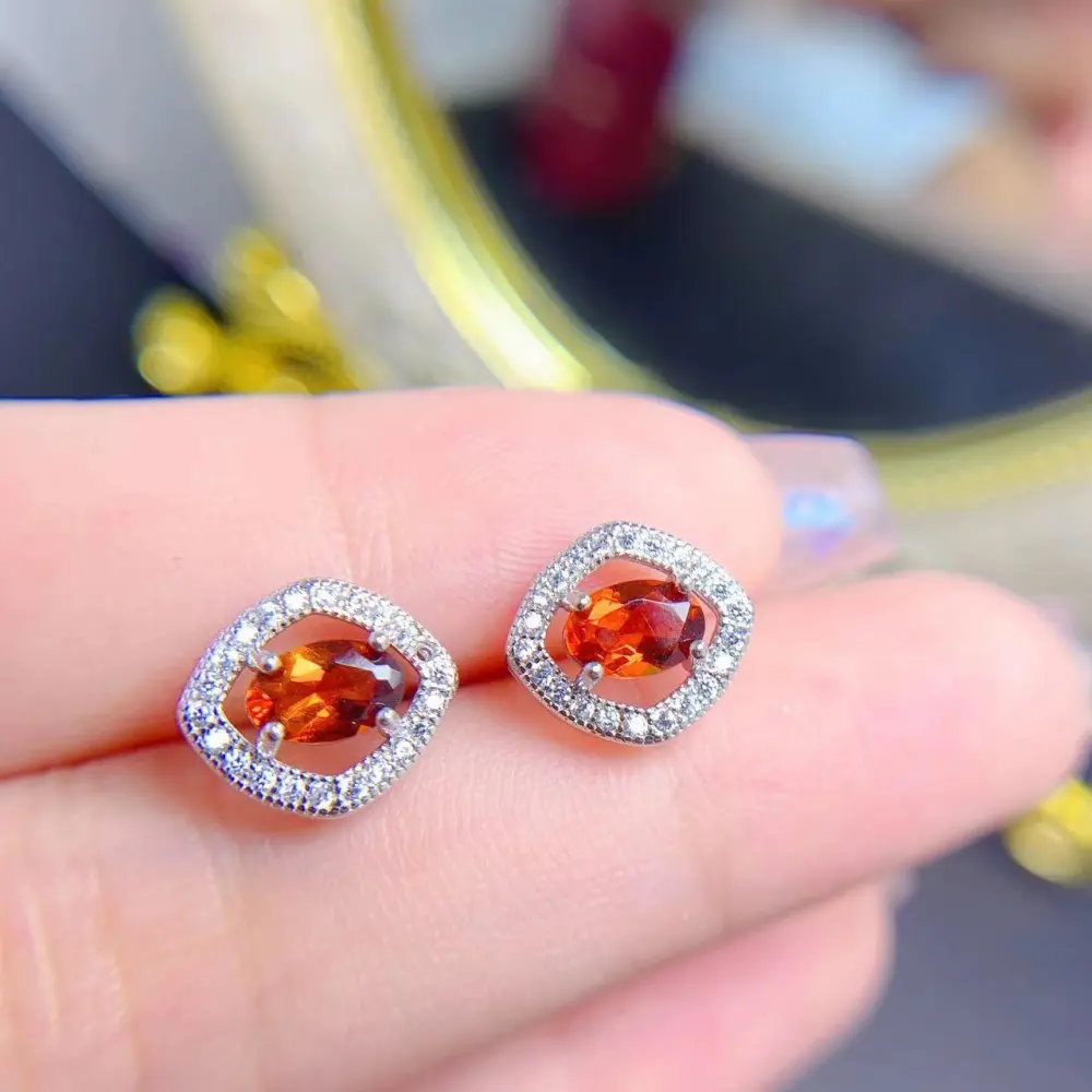 Natural Citrine Stud 925 Silver Retro Colored Gems Ornament Crystal Accessories Stud Earrings