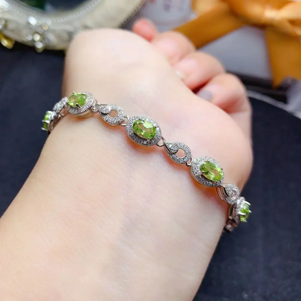 925 Silver Inlaid Natural Olivine Bracelet