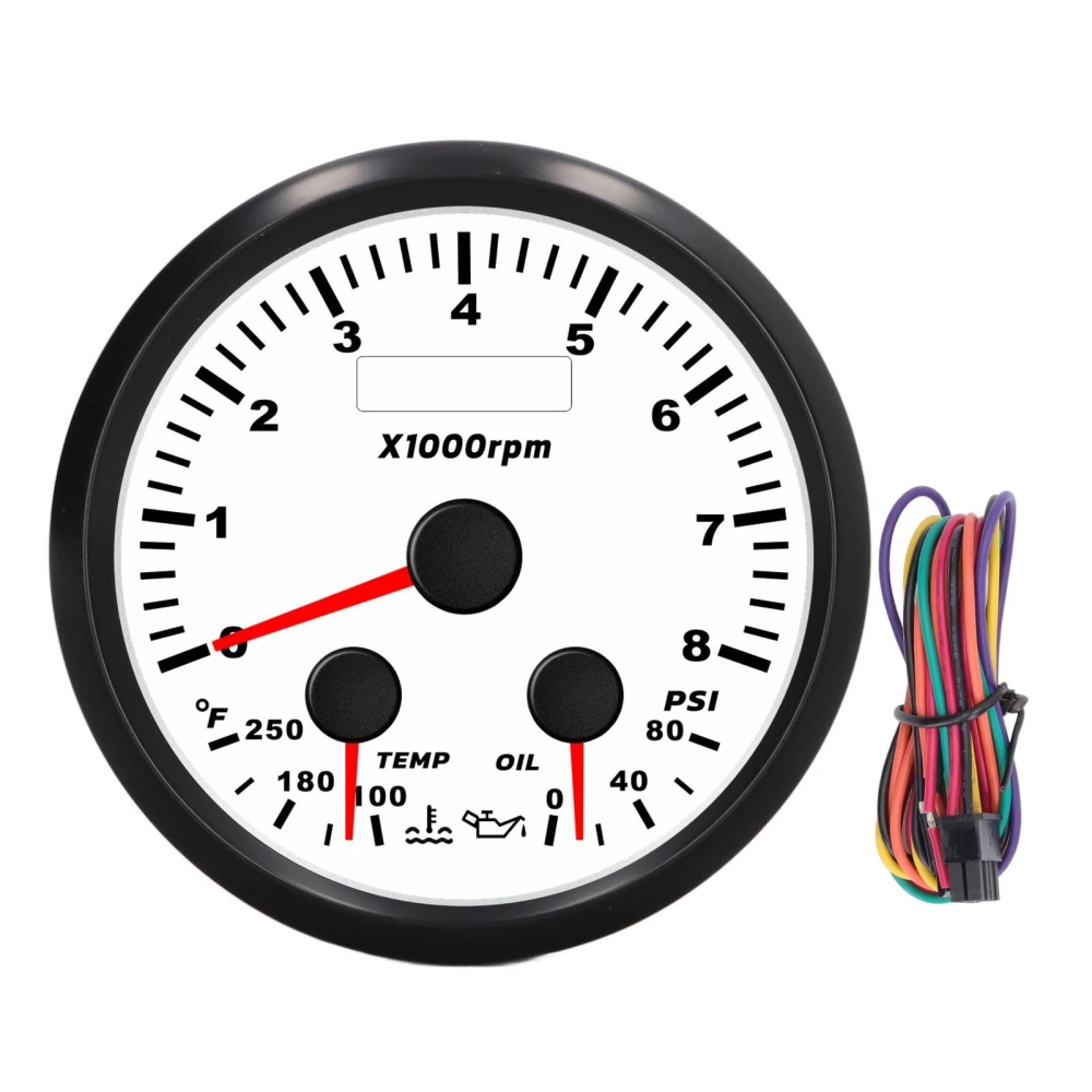 85mm/3.35in Multifunction Tachometer Gauge 8000RPM Water Temp Oil Pressure Gauge with Red Backlight for Yacht RV