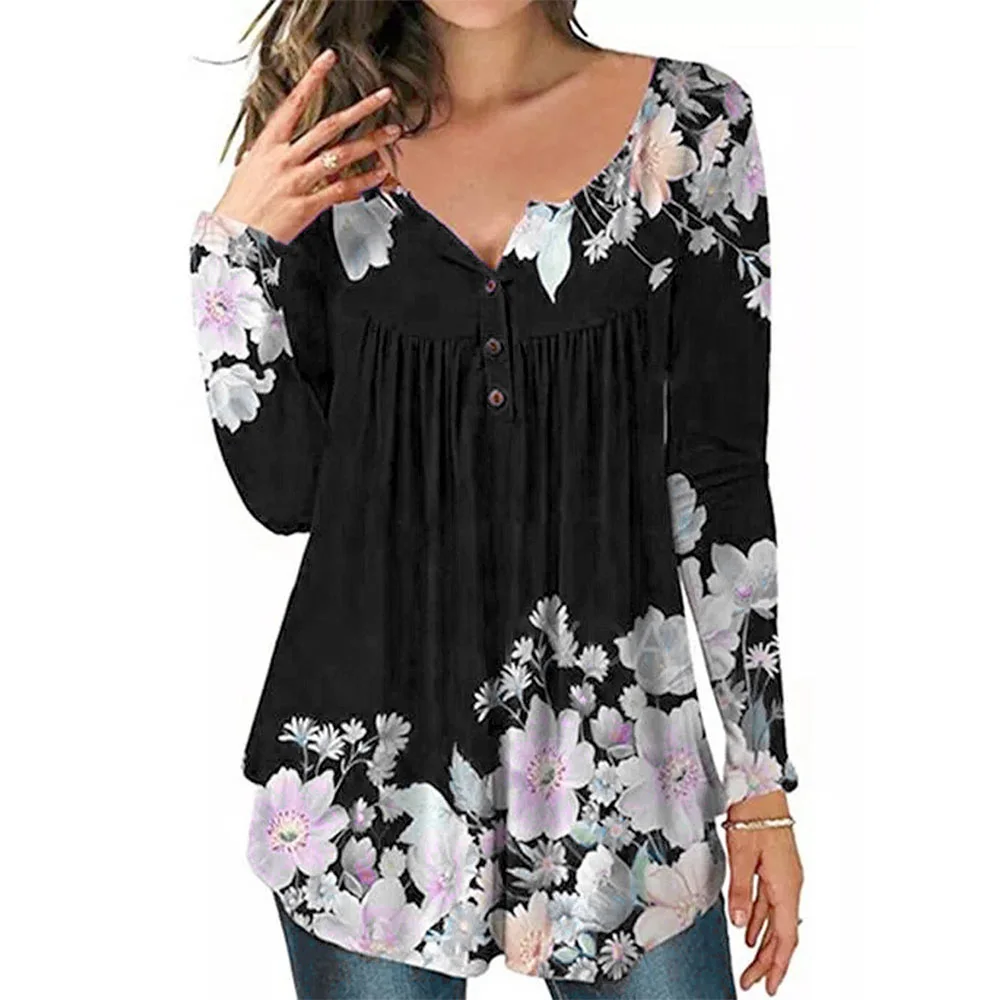 Women's Fashion Floral V Neck Tunic Tops Ladies Long Sleeve Casual Loose Blouse T-Shirt