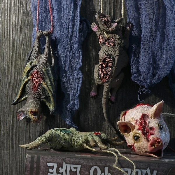 1PC Horrible Halloween Hanging Props Party Scary Decoration Haunted House Decor Horror Animal Head Simulation Mouse Bat Spider Pig