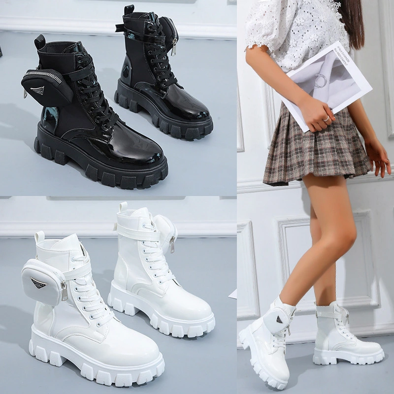 Black Punk Ankle Platform Motorcycle Martin Boots Women Lace Up Chunky Heel Belt Buckle Pocket Women Shoes