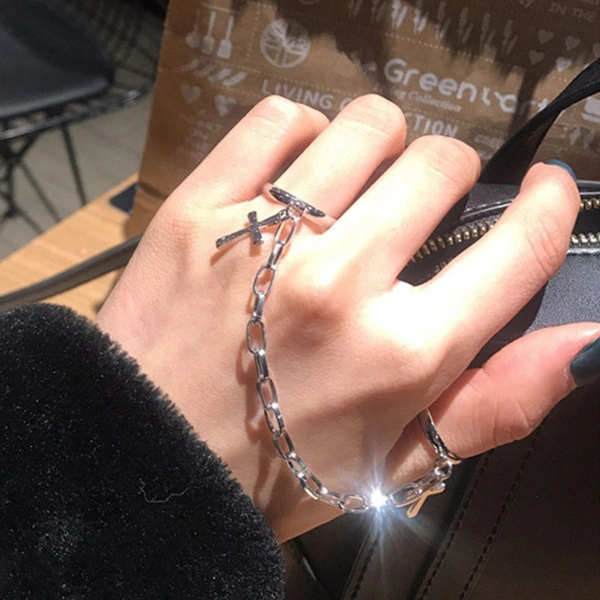 New Fashion Silver Color Hip-Hop Cross Ring Hand Finger Chain Adjustable Rings for Women Men Punk Jewelry Gifts