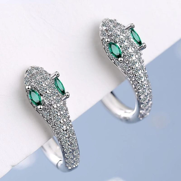 Trendy 925 Sterling Silver Diamond Emerald Snake Hoop Earrings for Women Statement Fashion Animal Earrings