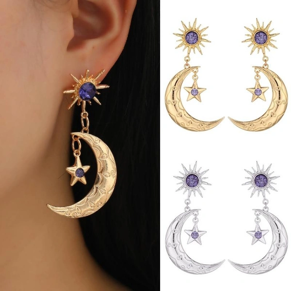 Fashionable Purple Alloy Earrings with Star and Moon Design for Women