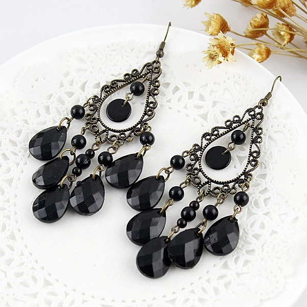 Latest Design Individual Long Black Imitation Rhinestone Water Drop Dead Earrings for Lady