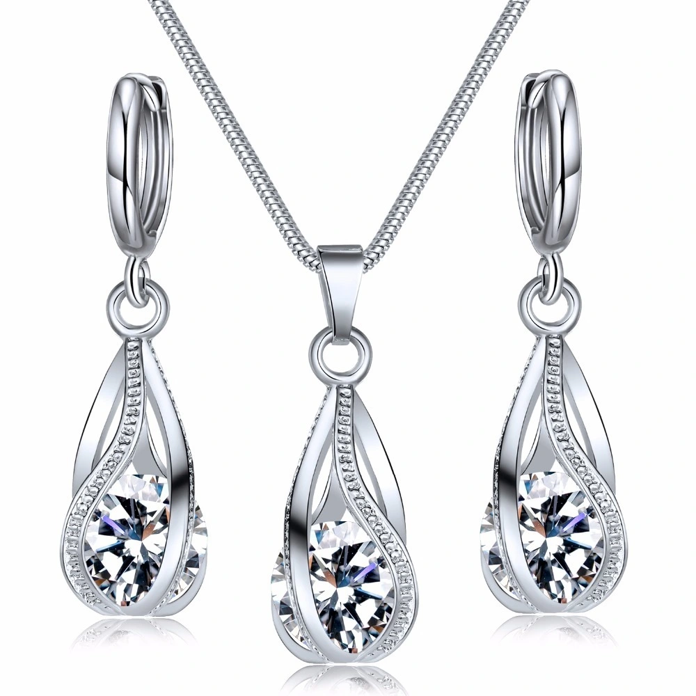 925 Sterling Silver Classic Drop Shape White Crystal Jewelry Sets Water Wave Necklace Pendant Hoop Earrings