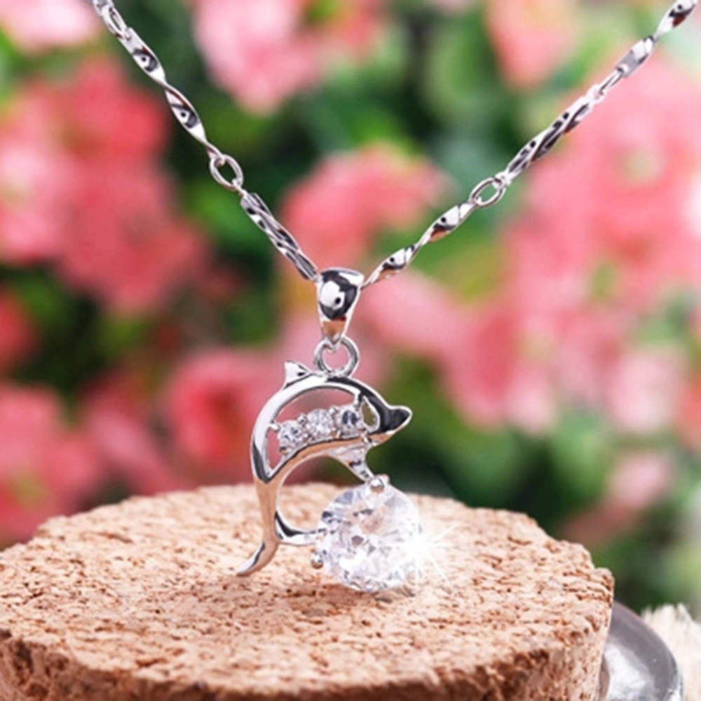 Hot Sale Cute Lovely Dolphin Lever Back  Necklace, 925 Sterling Silver White Gold Plated With Crystal Woman Wedding Jewelry