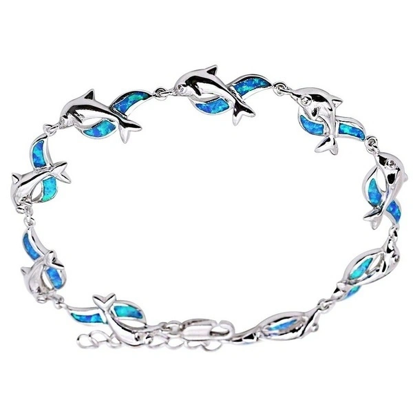 Womens Jewelry 925 Sterling Silver Dolphin Style Blue/red Fire Opal Diamond Charm Chain Bracelet