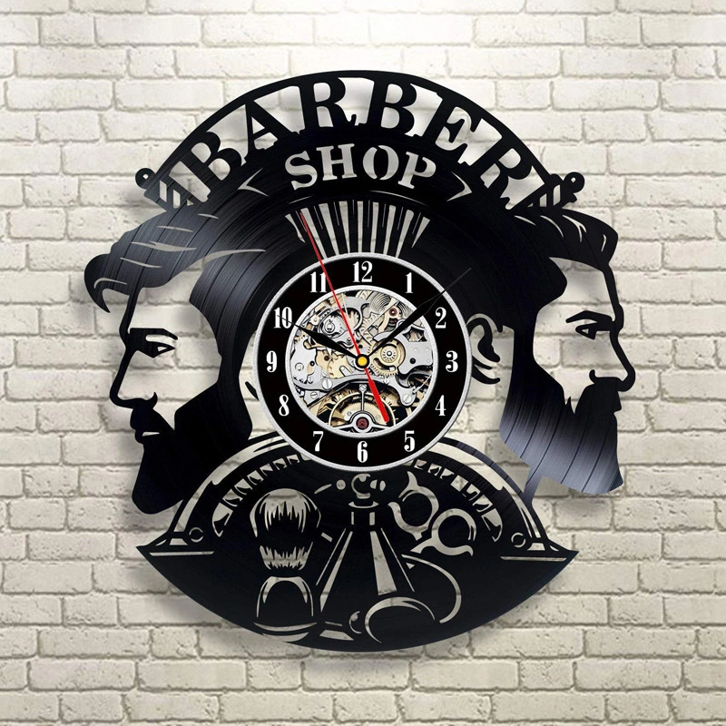 Black Gum Wall Clock Barber Gentleman Beard Vinyl