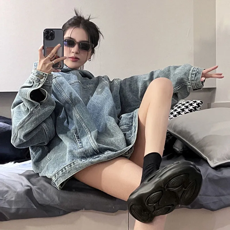 Retro Denim Hooded Sweater Women's Loose Mid-length Top