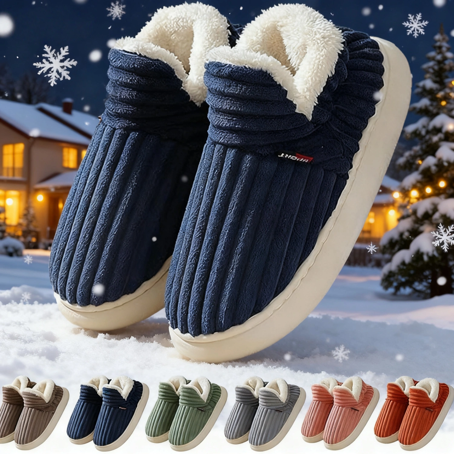Winter Plush Home Shoes Fashion Solid Color Stripes Floor Bedroom Slippers Indoor Outdoor Garden Shoes For Women Men Couples
