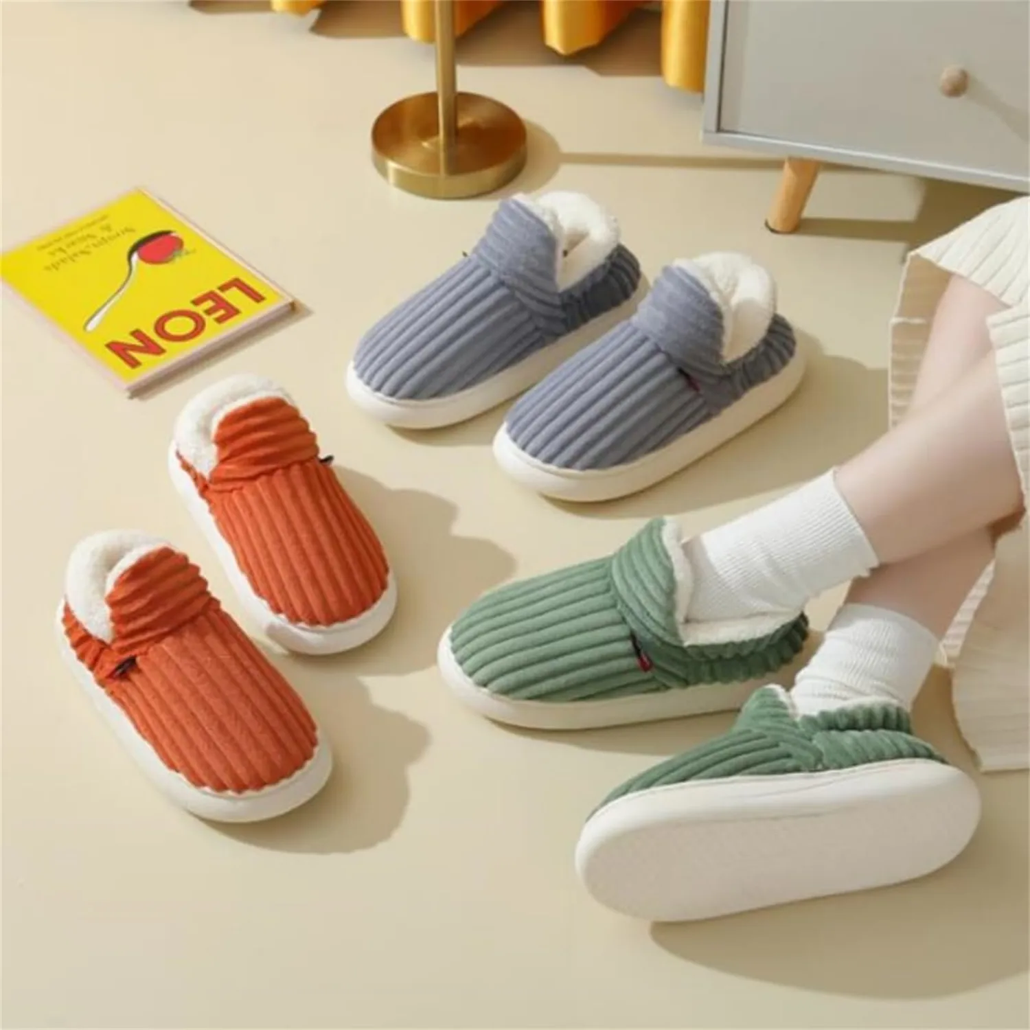 Winter Plush Home Shoes Fashion Solid Color Stripes Floor Bedroom Slippers Indoor Outdoor Garden Shoes For Women Men Couples