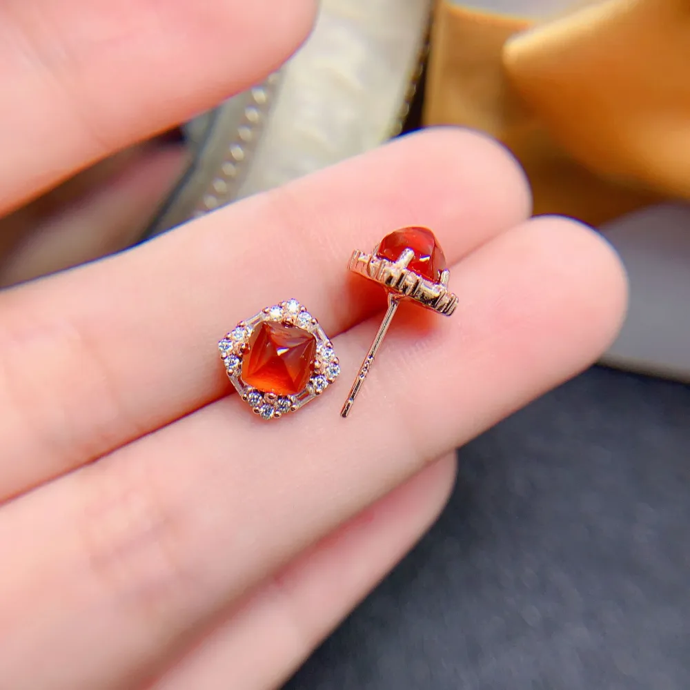 925 Silver Inlaid Natural Garnet Ear Studs Diamond