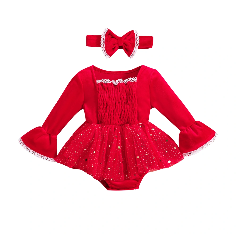 Baby Girls Christmas Outfits Long Sleeve Lace Trim Romper + Headband