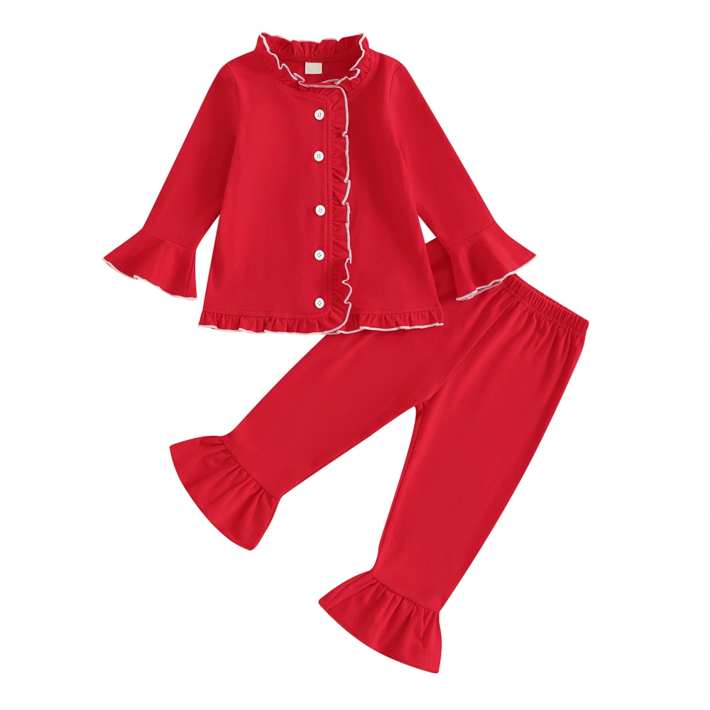 Toddler Girls Pajamas Set Long Sleeve Ruffle Trim Shirt and Pants 