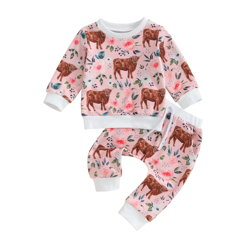 Baby Girl Boy Fall Outfit Flower Western Cow Print Sweatshirts Pants