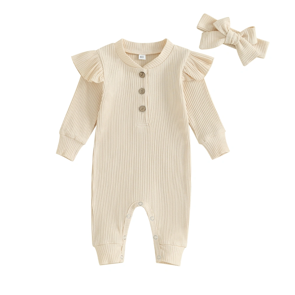 Baby Girl Long Sleeve Rompers Newborn Ribbed Bodysuit with Headband